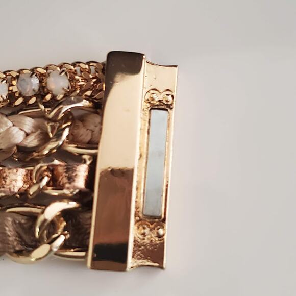 Wide Link Bracelet with Leather and Faux Opals Gold Tone Magnetic Clasp - Picture 5 of 8